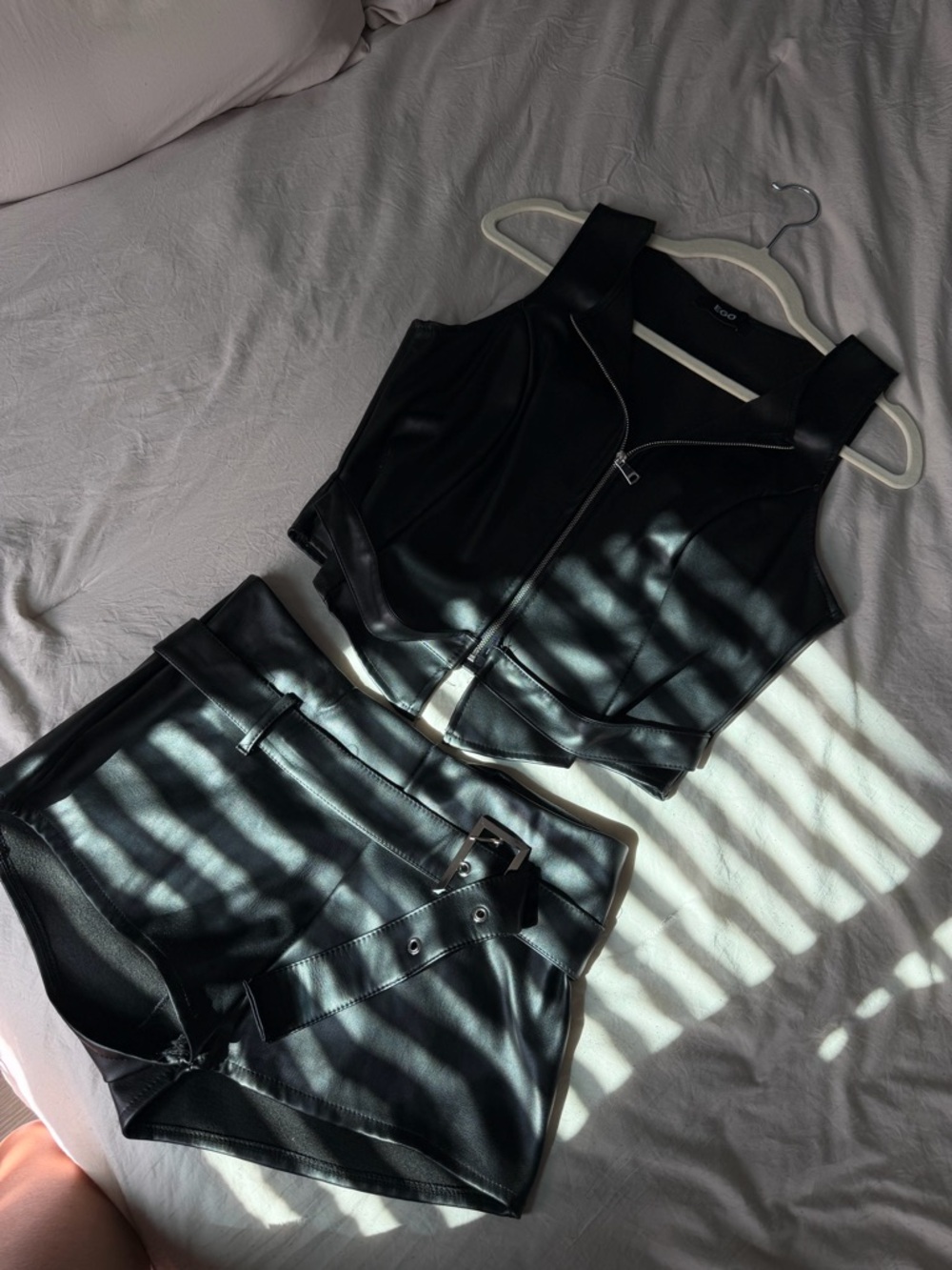 EGO Black Faux Leather Crop Vest and High-Waist Belted Shorts